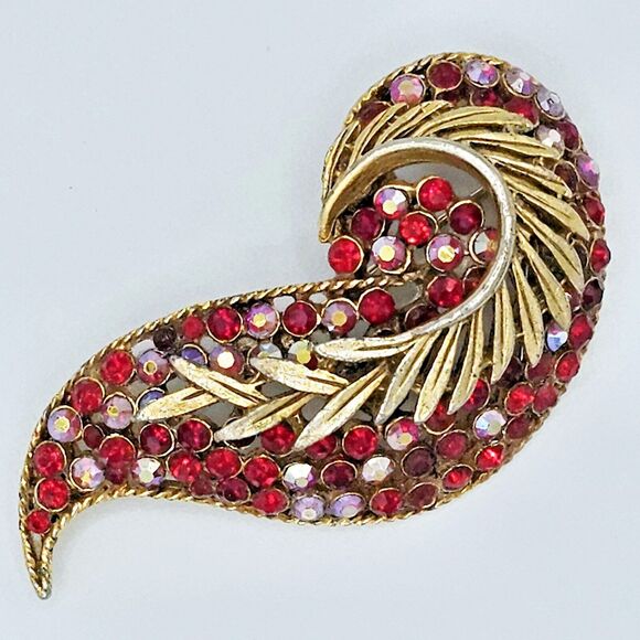 BSK Swirl Leaf Brooch Vintage Paisley Red & Red Aurora Borealis Large Estate Pin - Picture 4 of 13